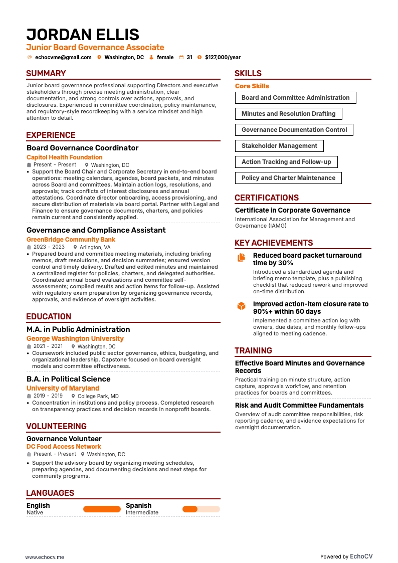 Asociado júnior de gobernanza de juntas directivas example resume