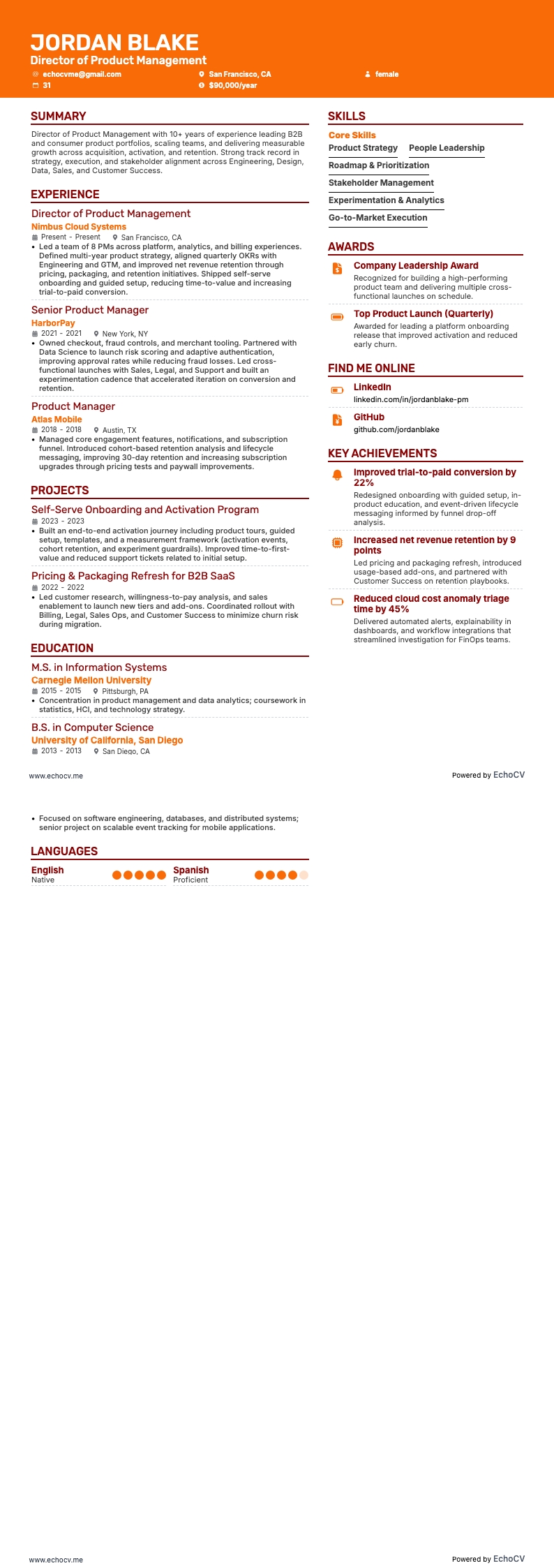 プロダクト責任者 resume example