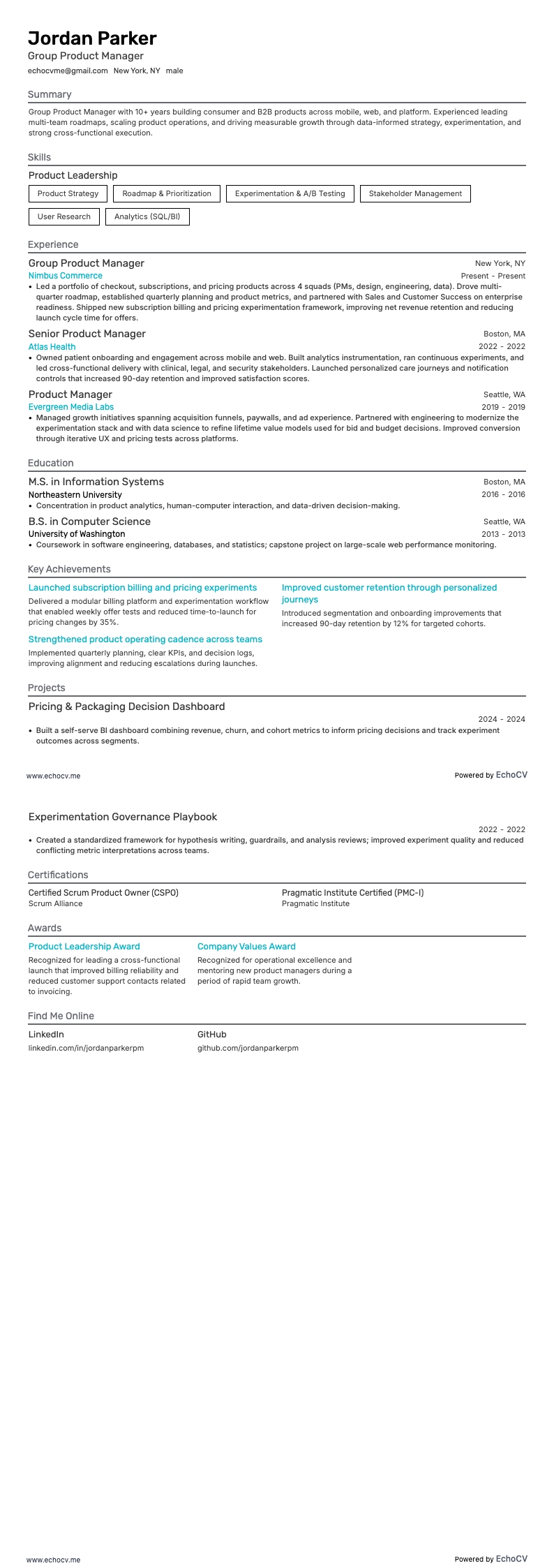 Group Product Manager example resume