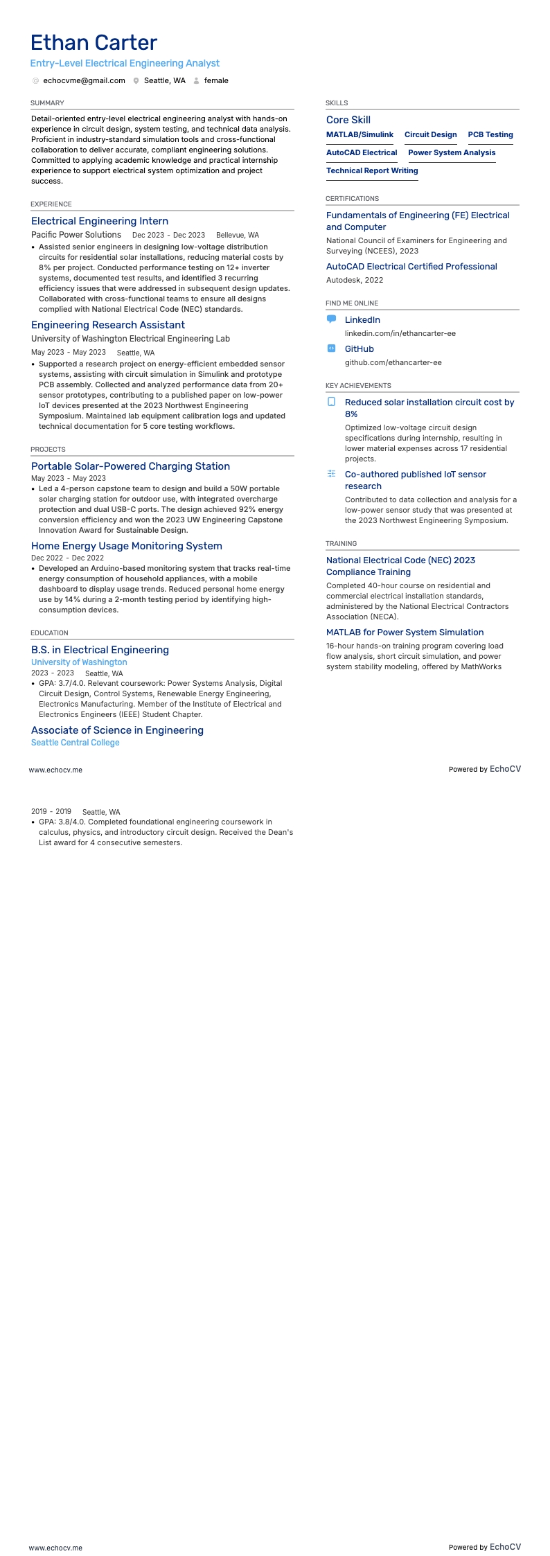 Analista junior de ingeniería eléctrica resume example