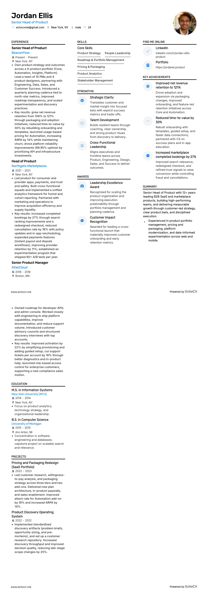Head of Product resume example