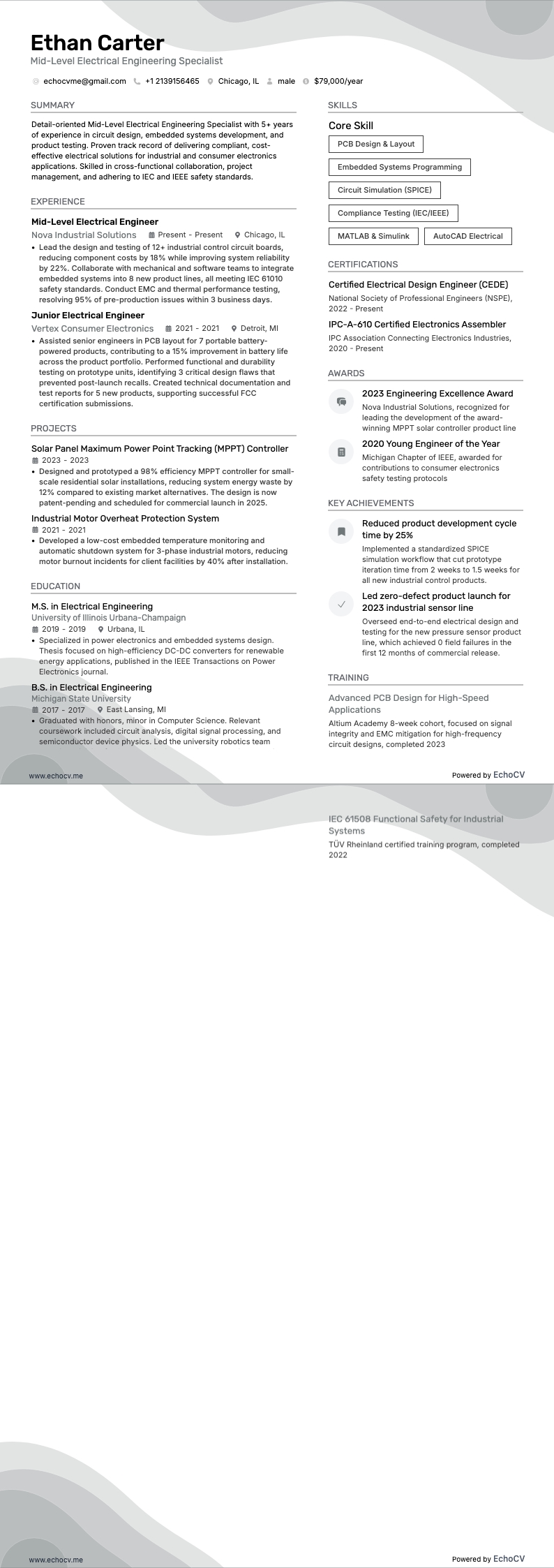 Mid-Level Electrical Engineering Specialist example resume