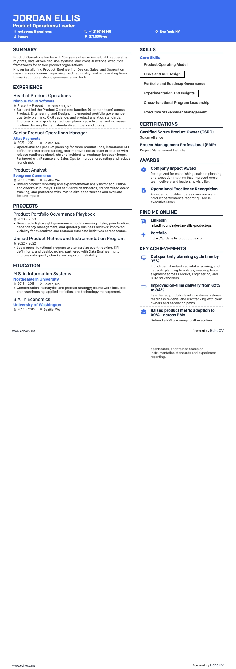 Líder de Operaciones de Producto example resume