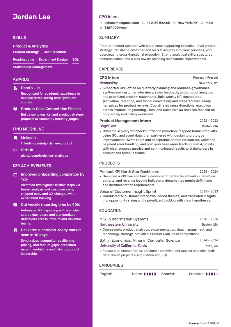 Practicante de CPO example resume