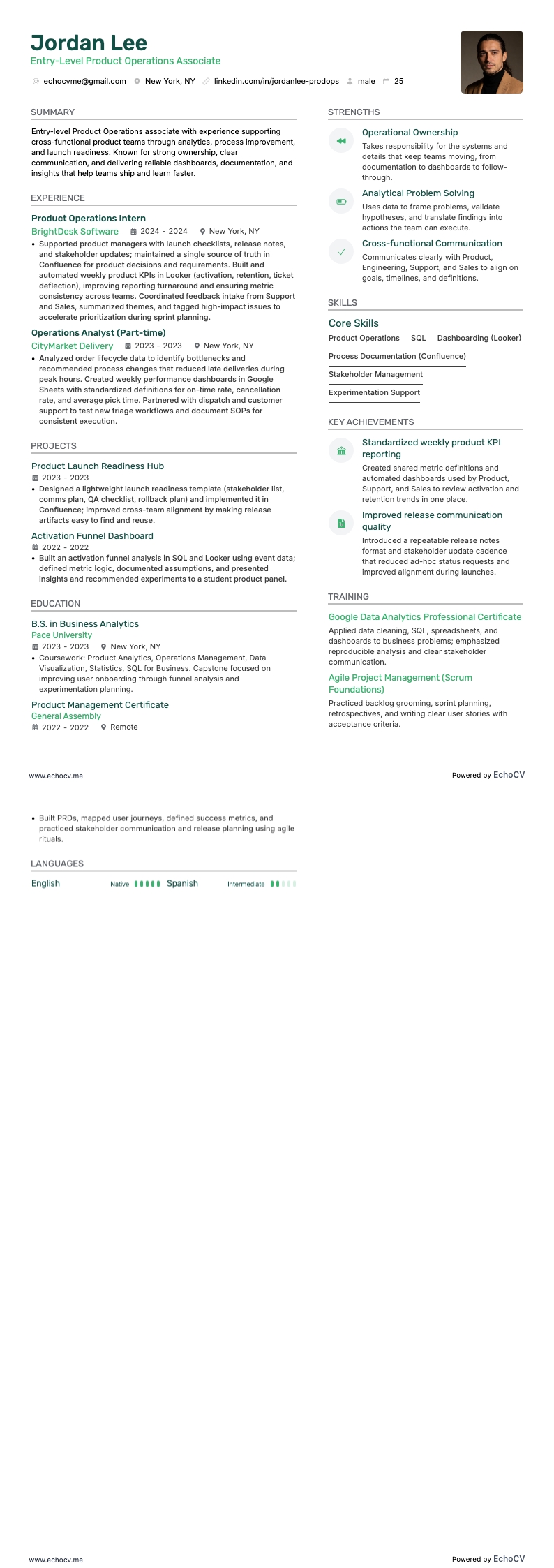 Asociado de Operaciones de Producto de Nivel Inicial example resume