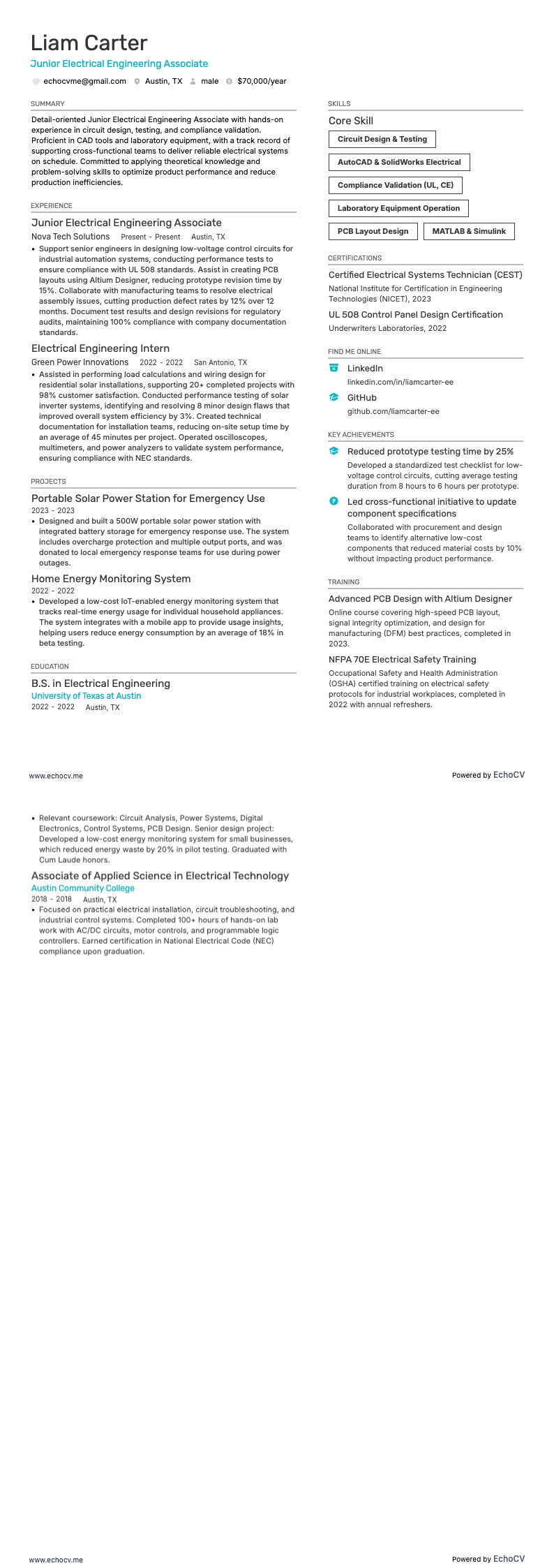 Junior Electrical Engineering Associate example resume