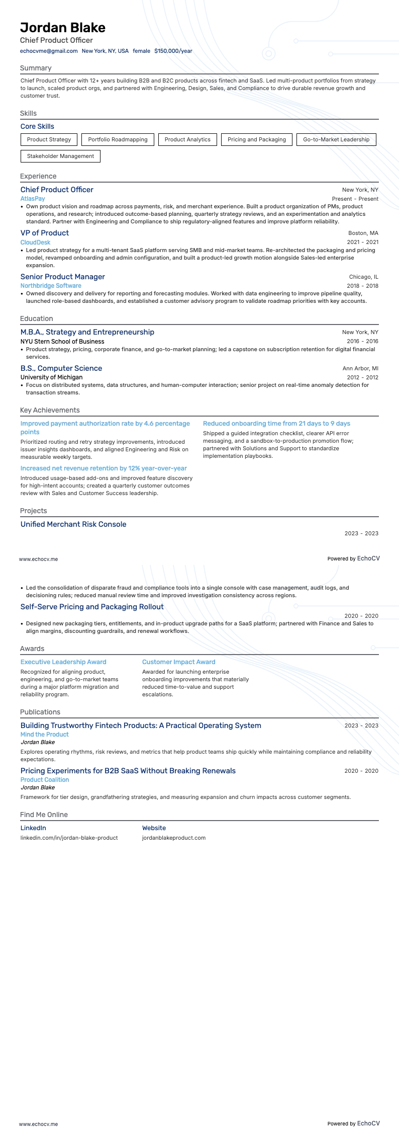 Chief Product Officer resume example