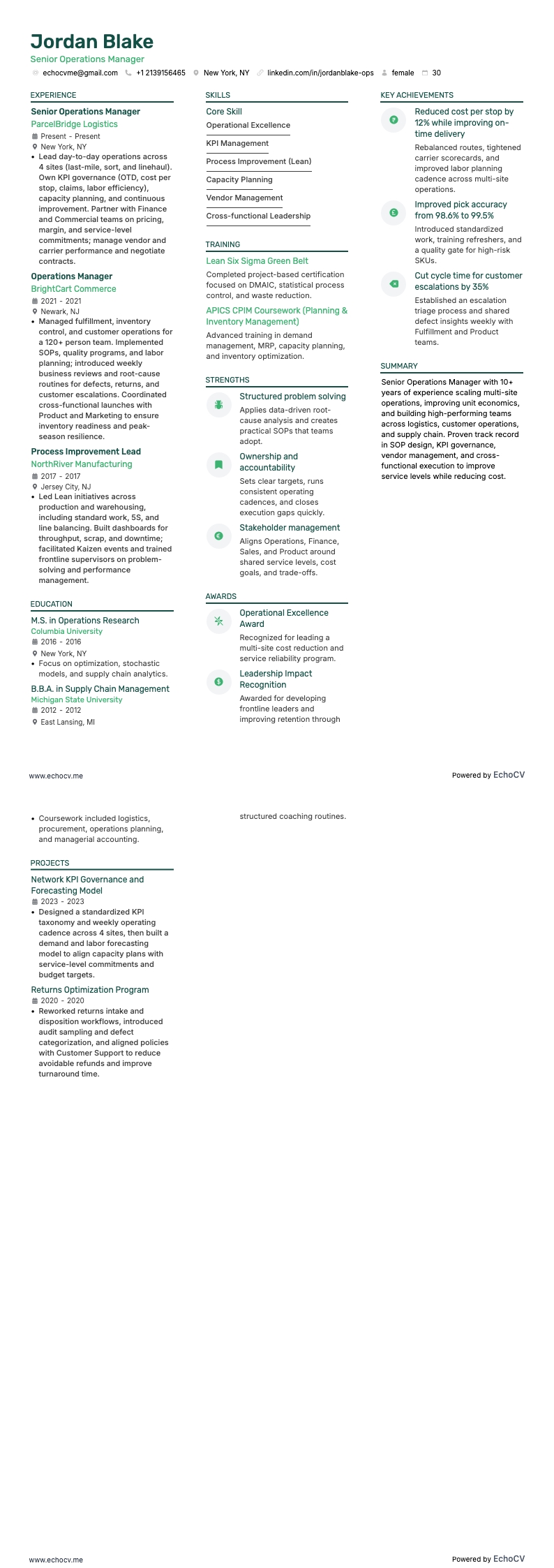 Senior Operations Manager example resume