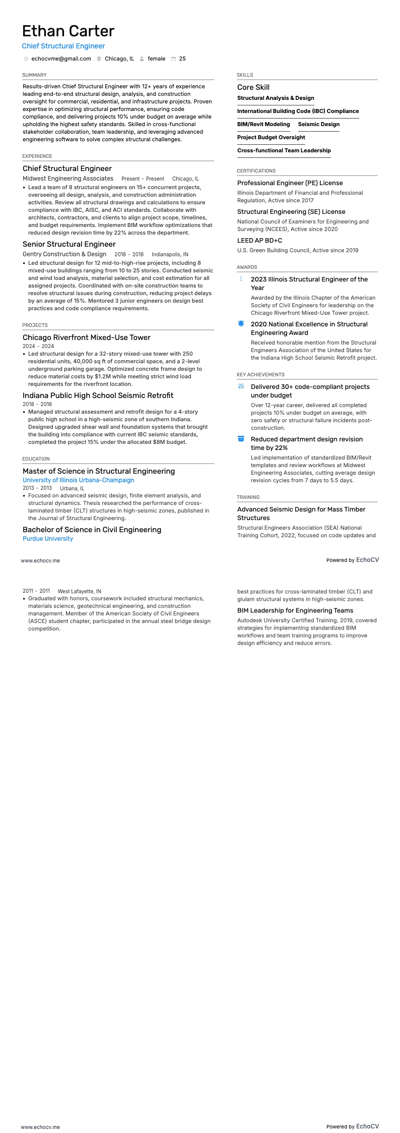 Chief Structural Engineer example resume