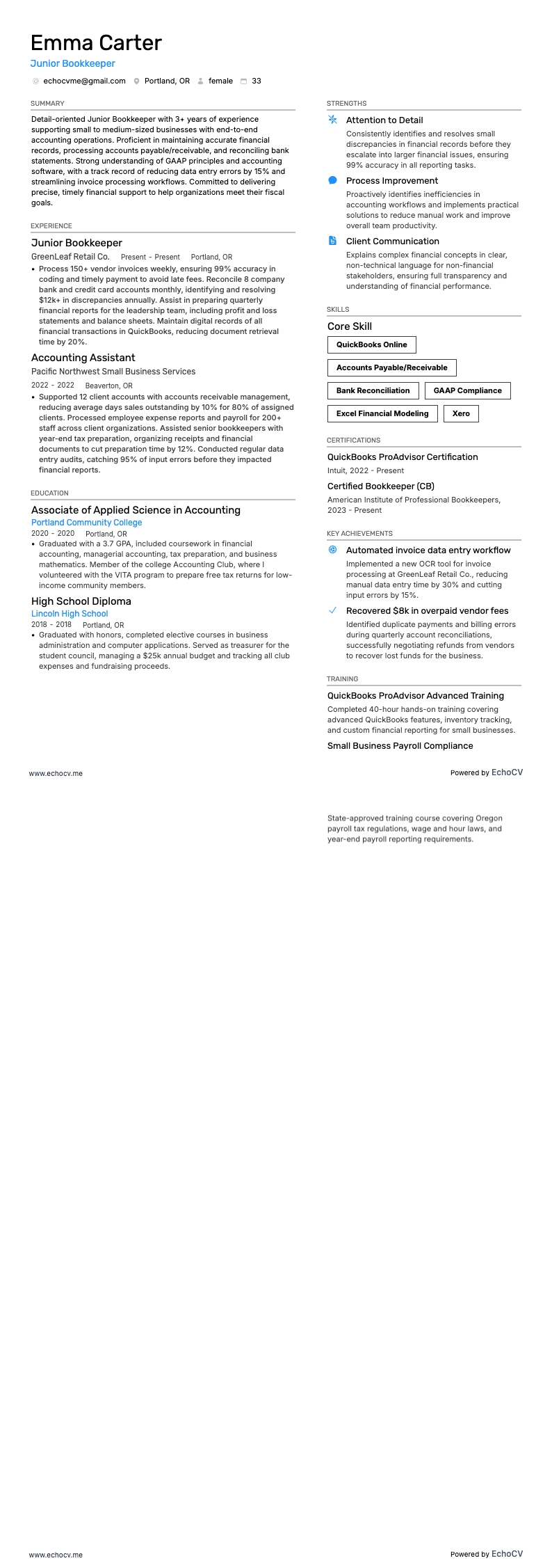 ジュニア経理担当 example resume