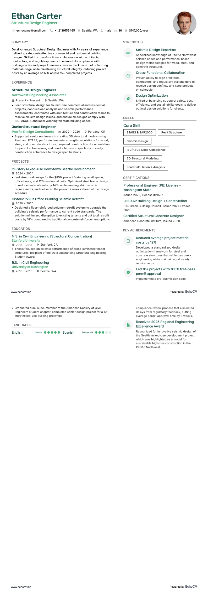 Structural Design Engineer example resume