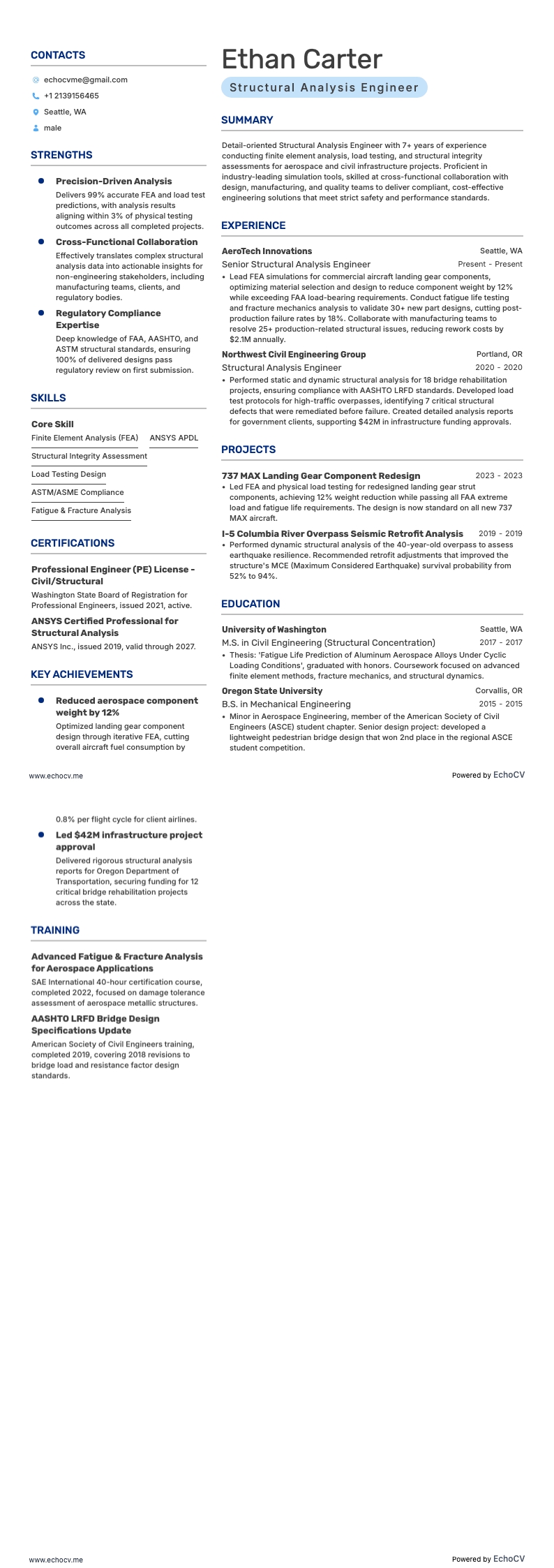 Structural Analysis Engineer example resume