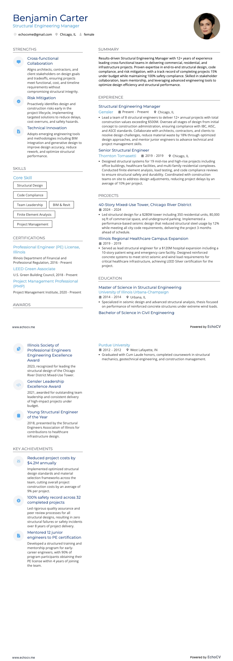 Structural Engineering Manager example resume