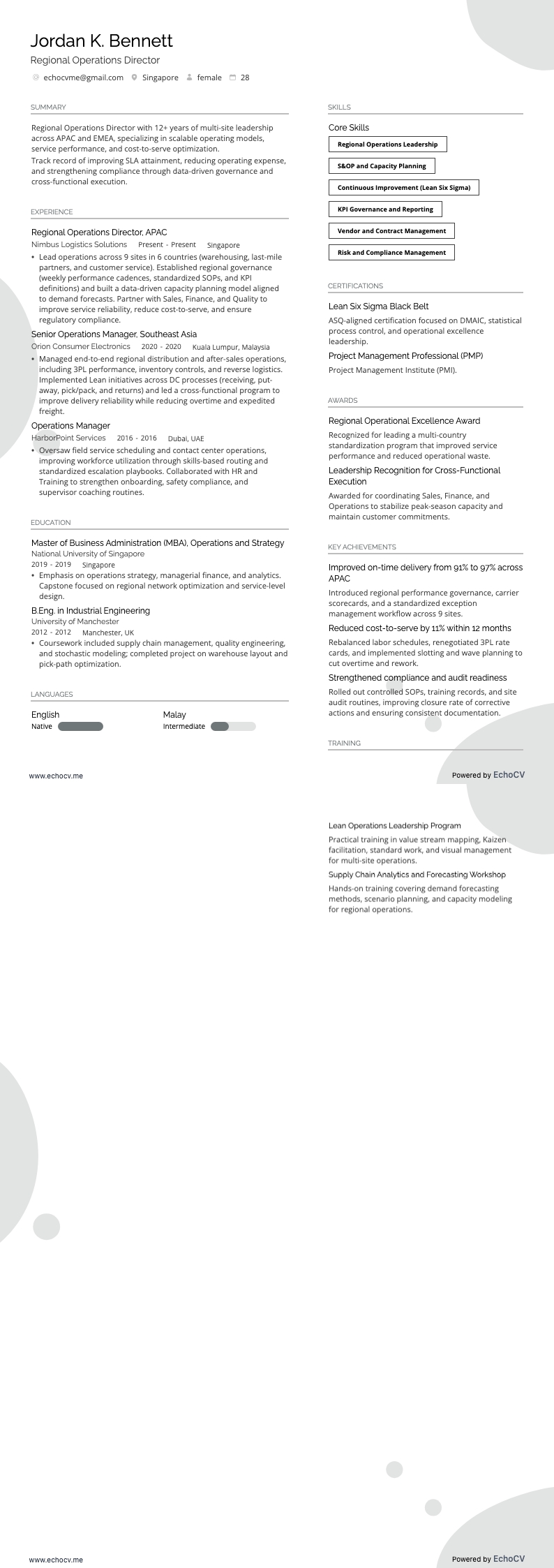 Regional Operations Director example resume