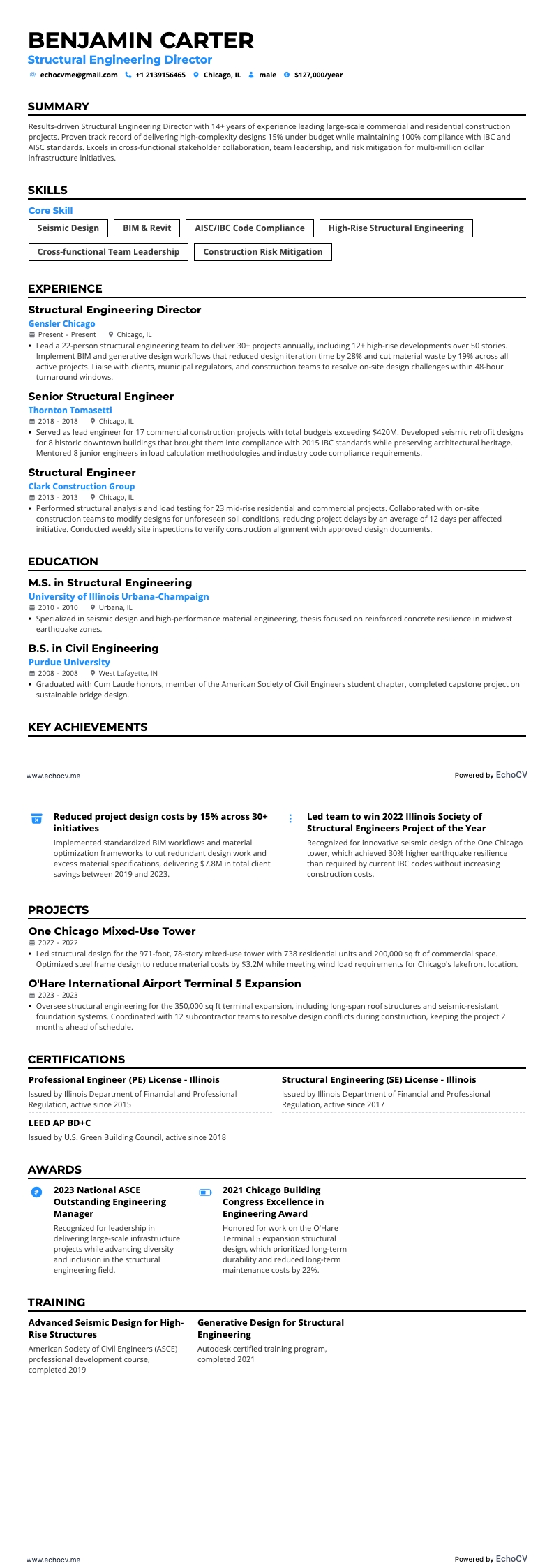 Structural Engineering Director example resume