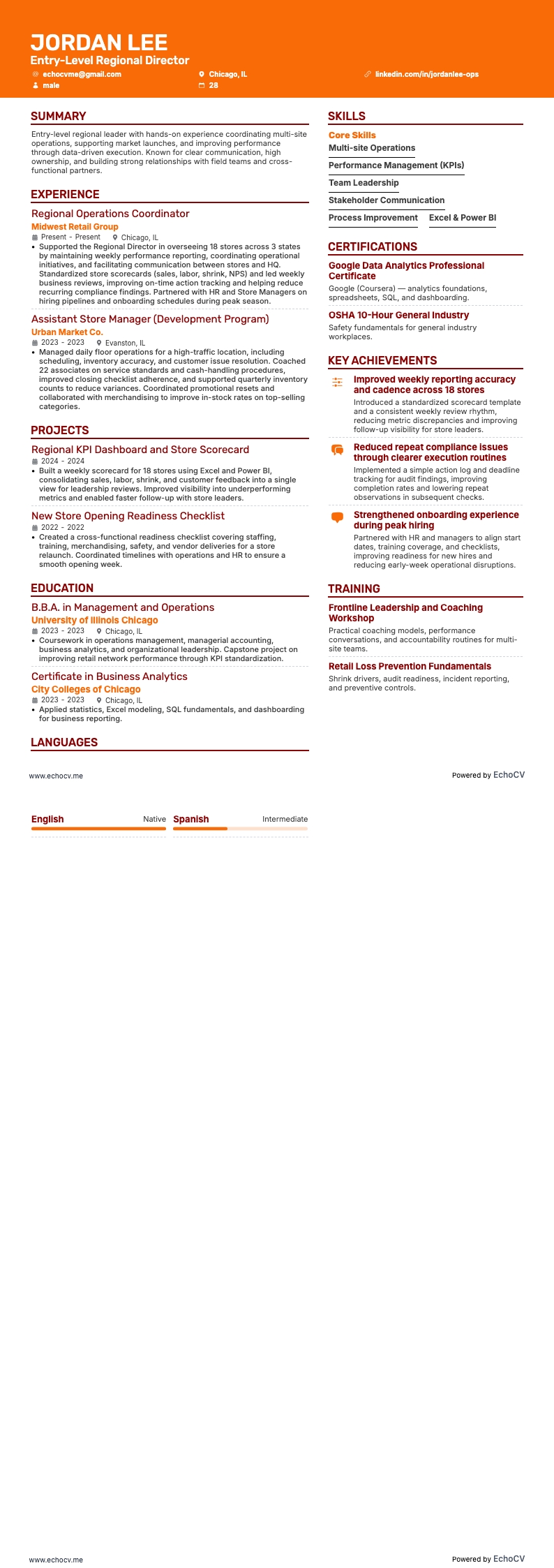 Entry-Level Regional Director example resume