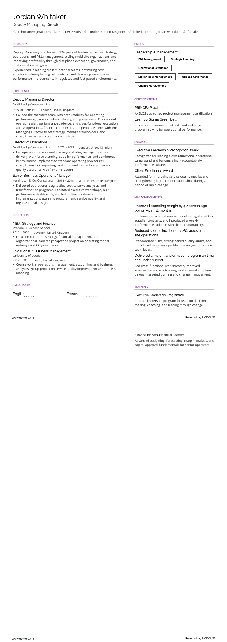 Deputy Managing Director example resume