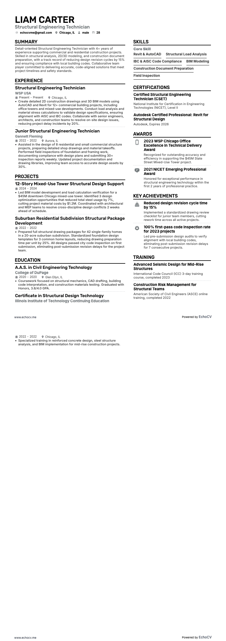 Structural Engineering Technician example resume
