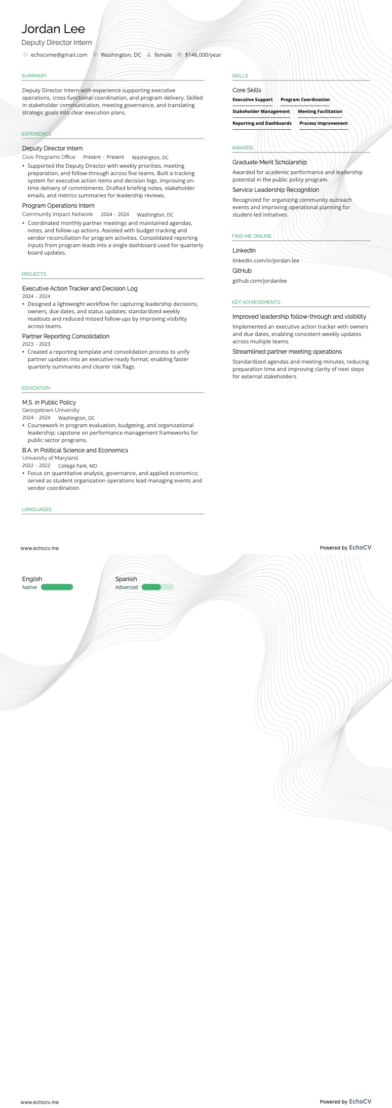 Deputy Director Intern example resume