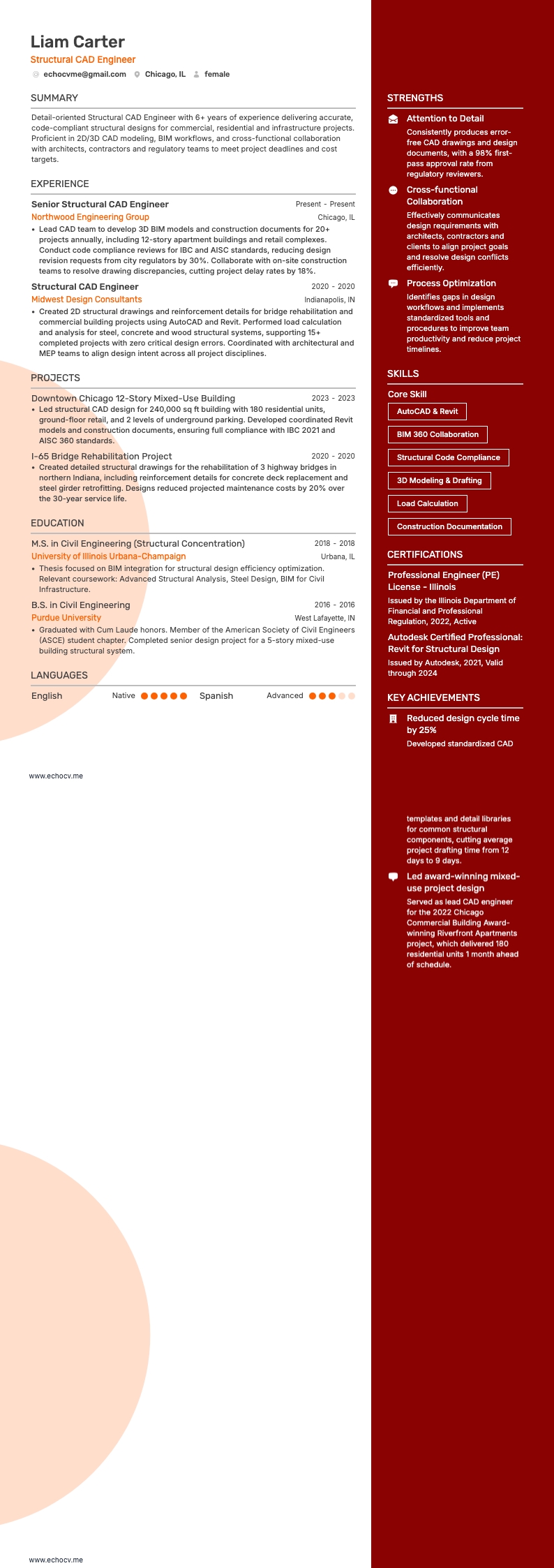 Structural CAD Engineer example resume