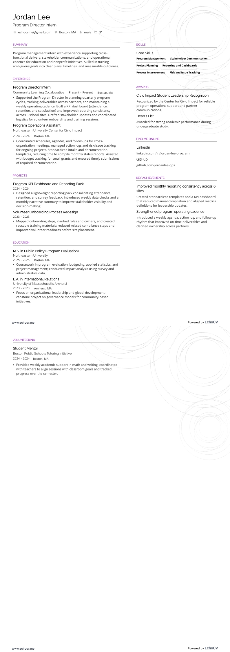 Thực tập sinh giám đốc chương trình example resume