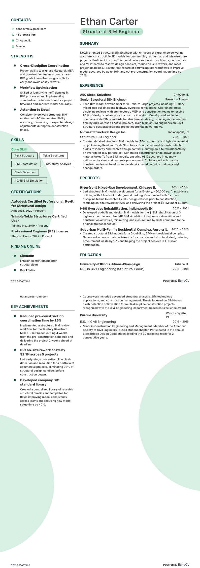 Structural BIM Engineer example resume