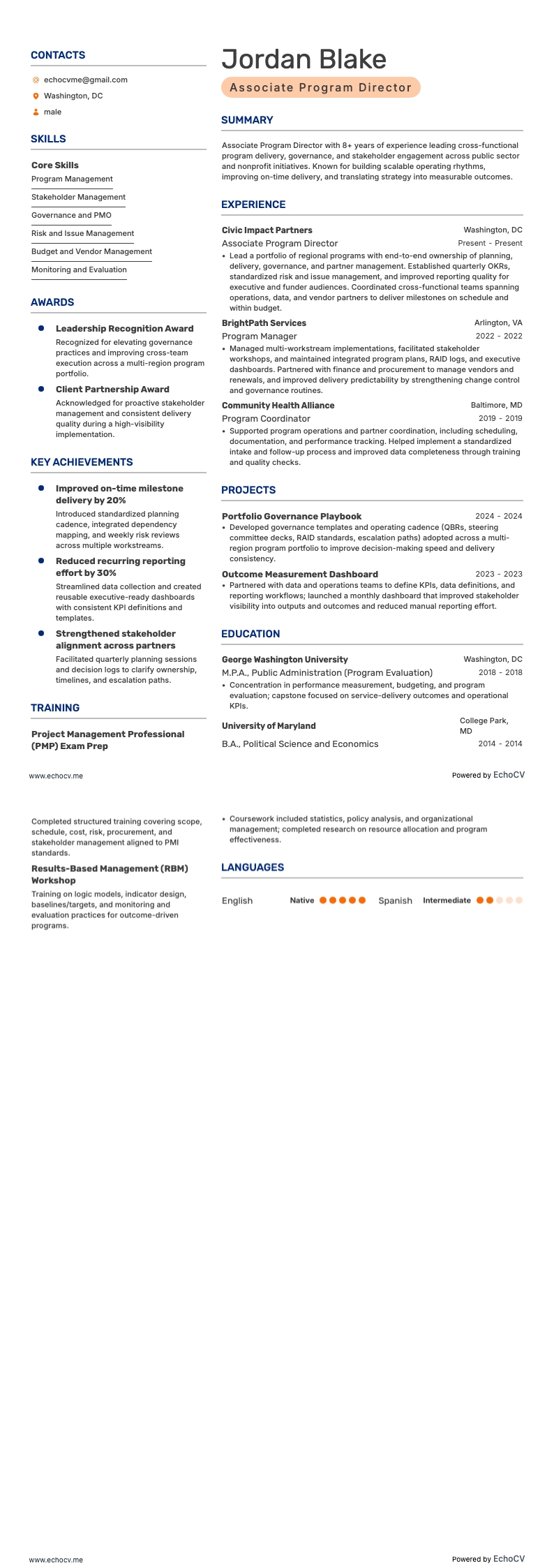 Phó giám đốc chương trình resume example