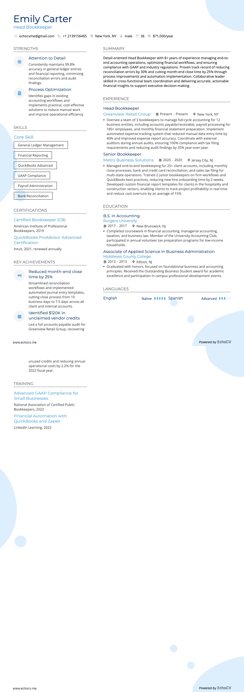 経理主任 example resume