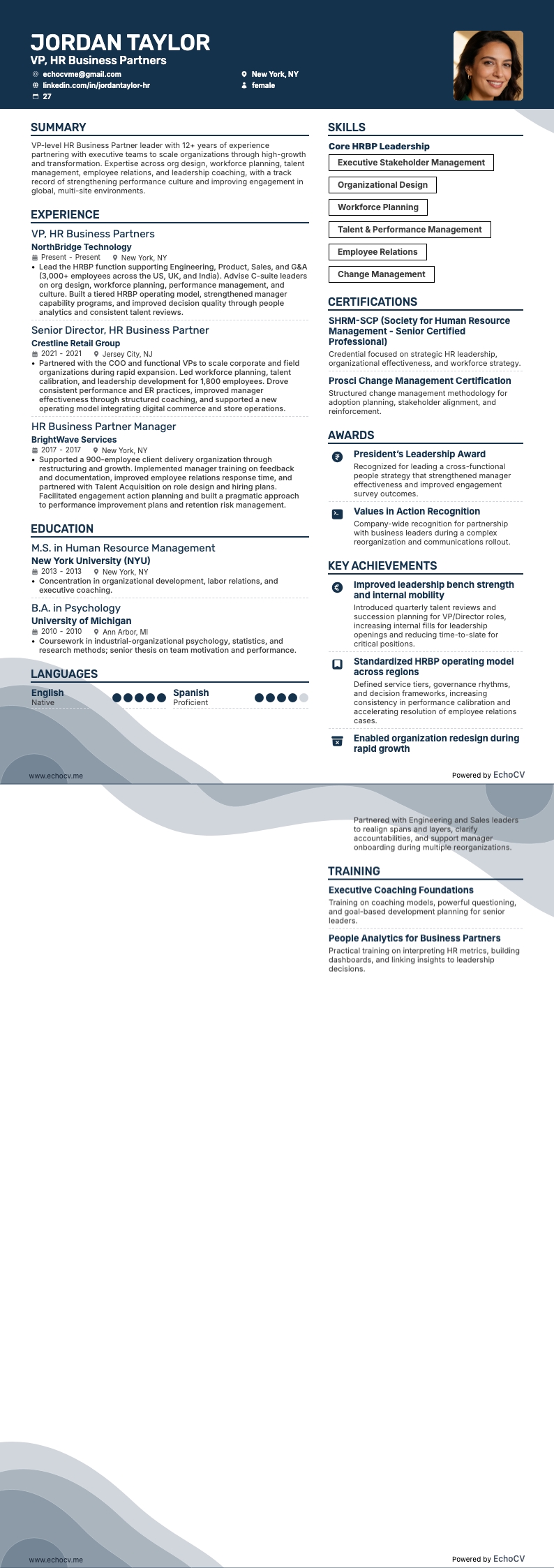 VP, HR Business Partners example resume