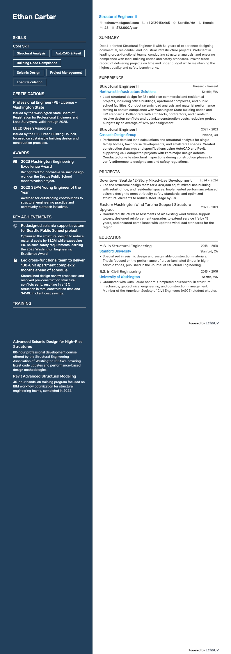 Structural Engineer II example resume