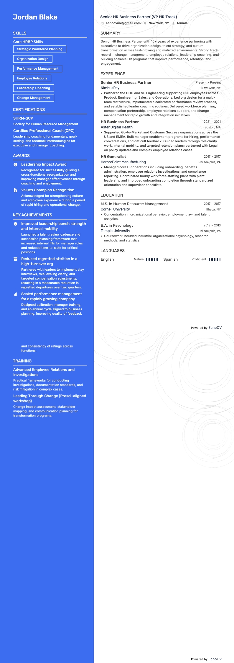 Senior HR Business Partner example resume
