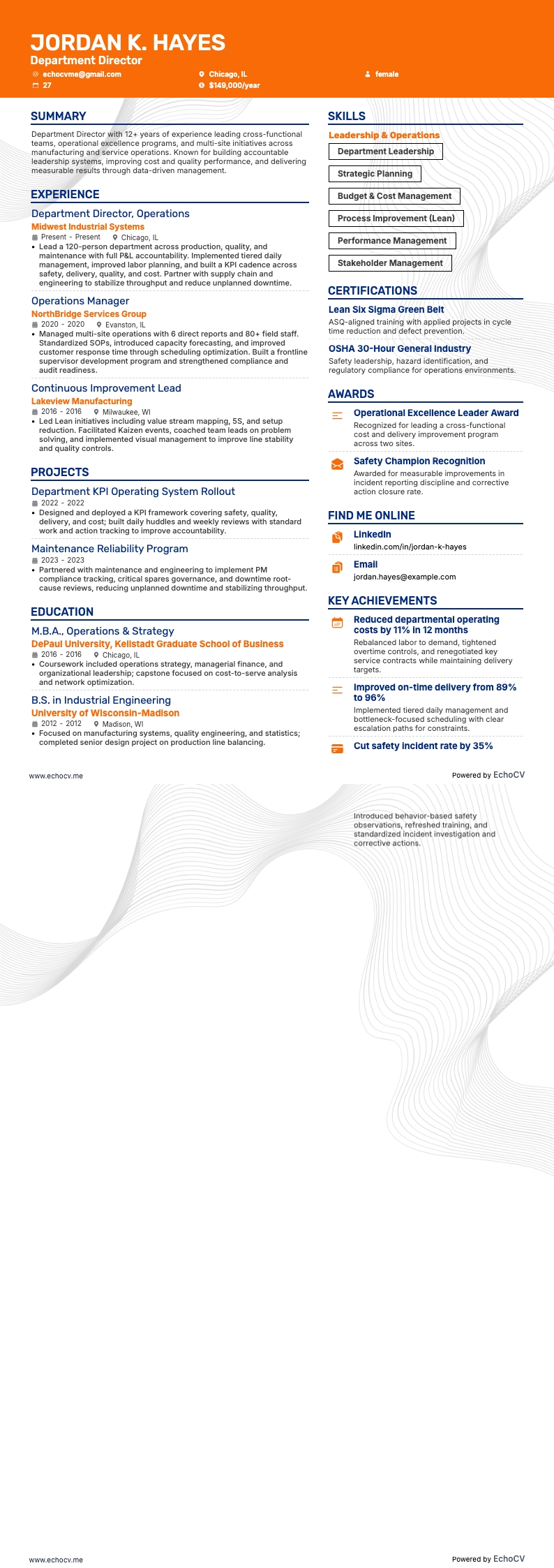 Director de departamento example resume