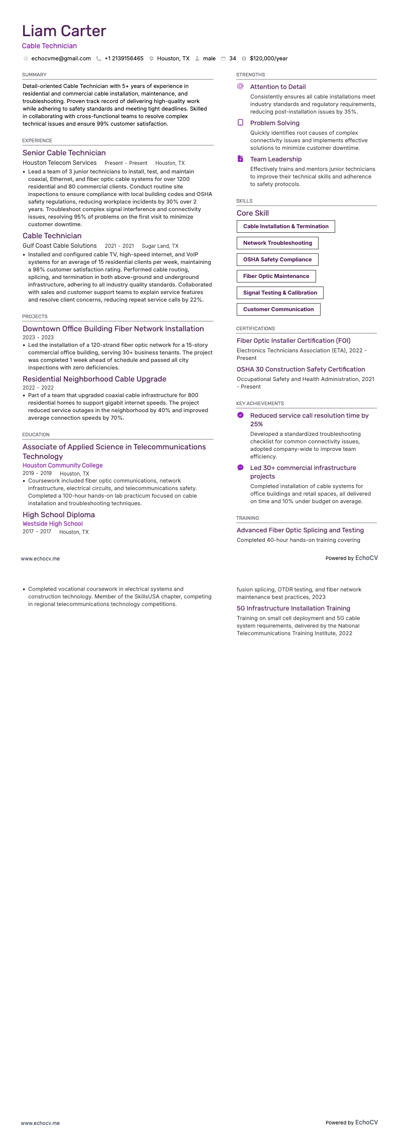 Cable Technician example resume