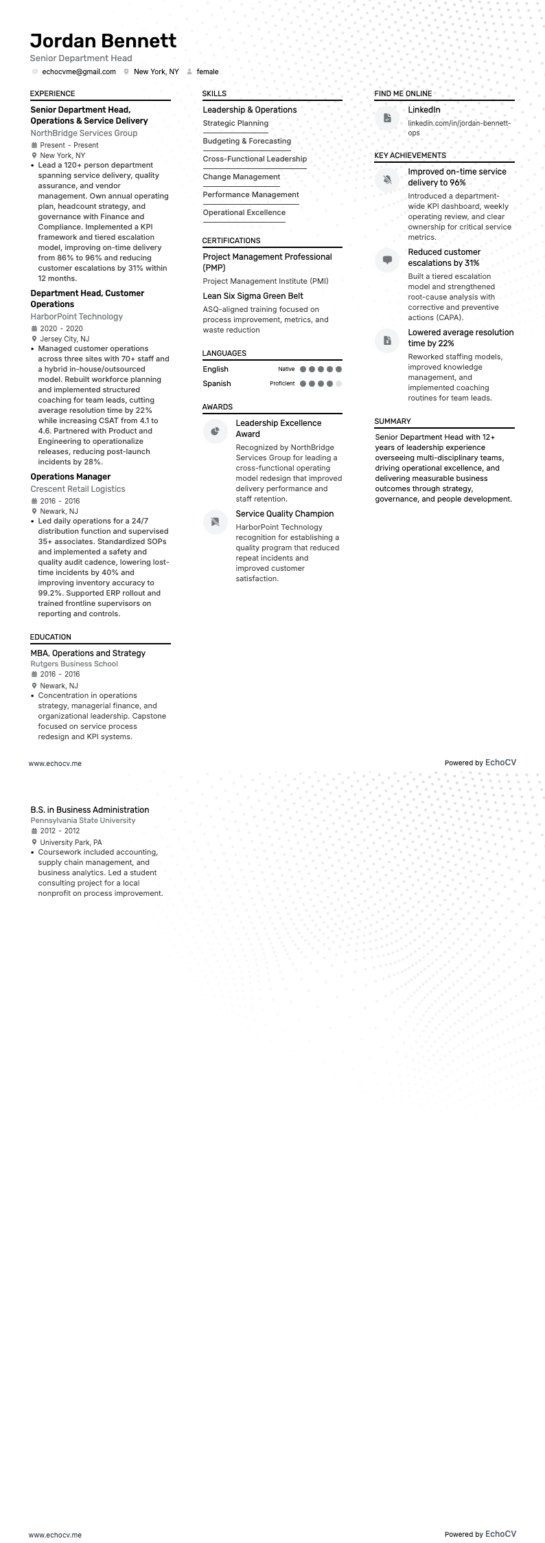 Jefe de Departamento Sénior example resume