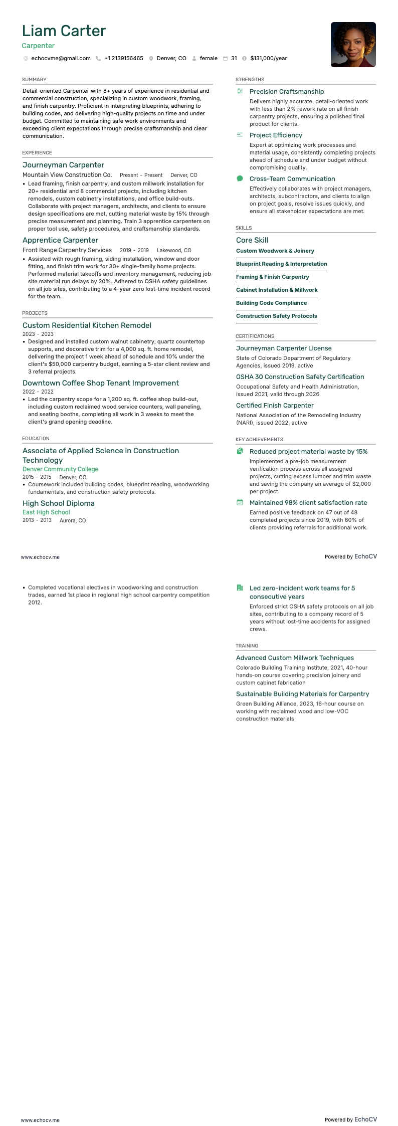 Carpenter example resume