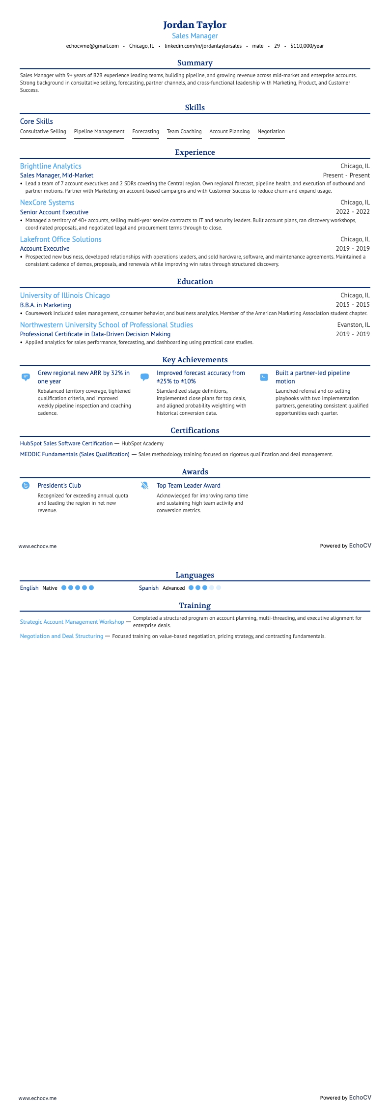 Gerente de Ventas example resume