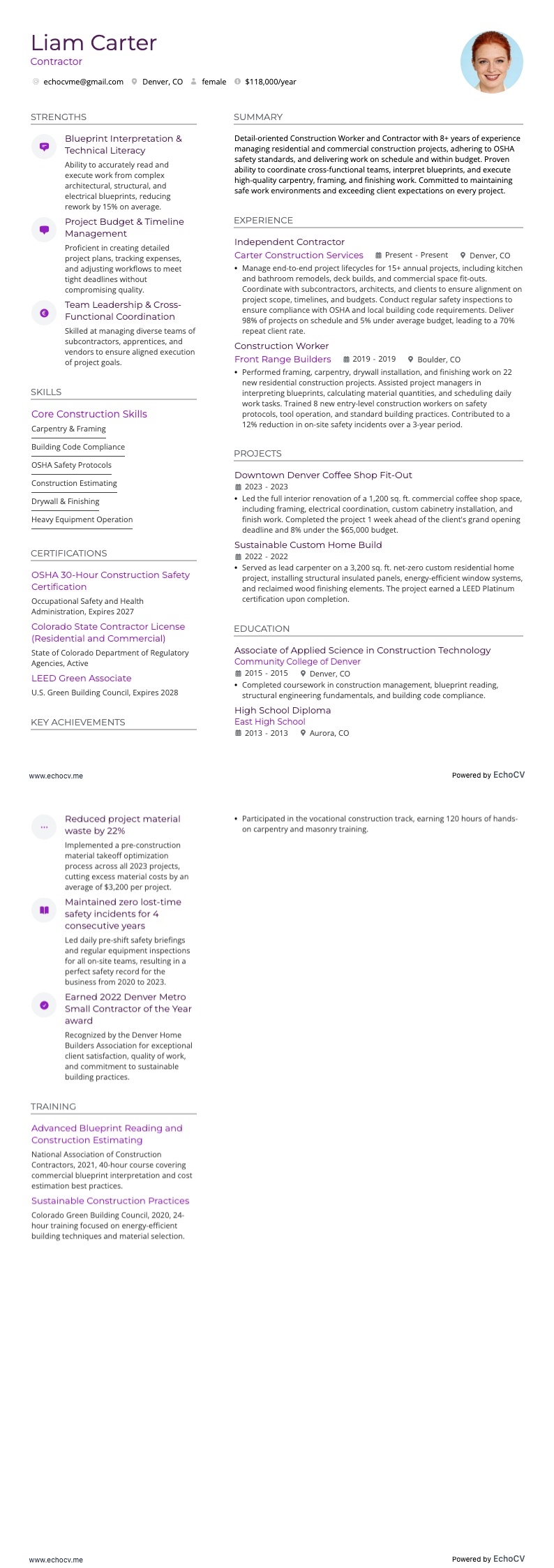 Contractor example resume