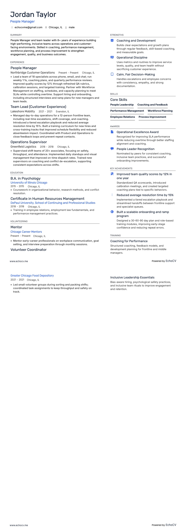 People Manager example resume