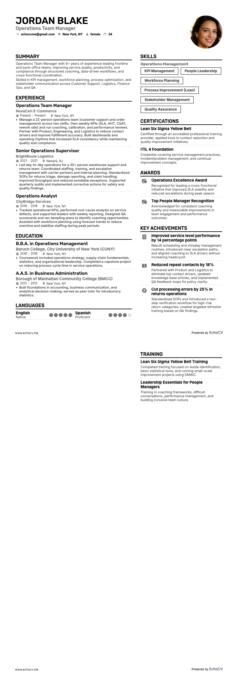 Operations Team Manager example resume