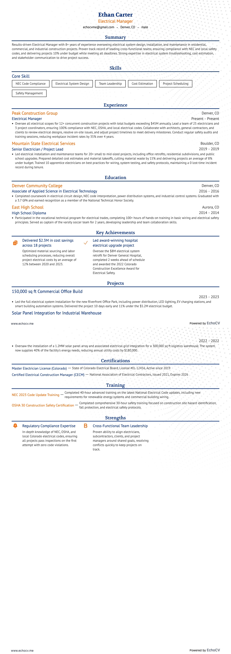 Electrical Manager example resume