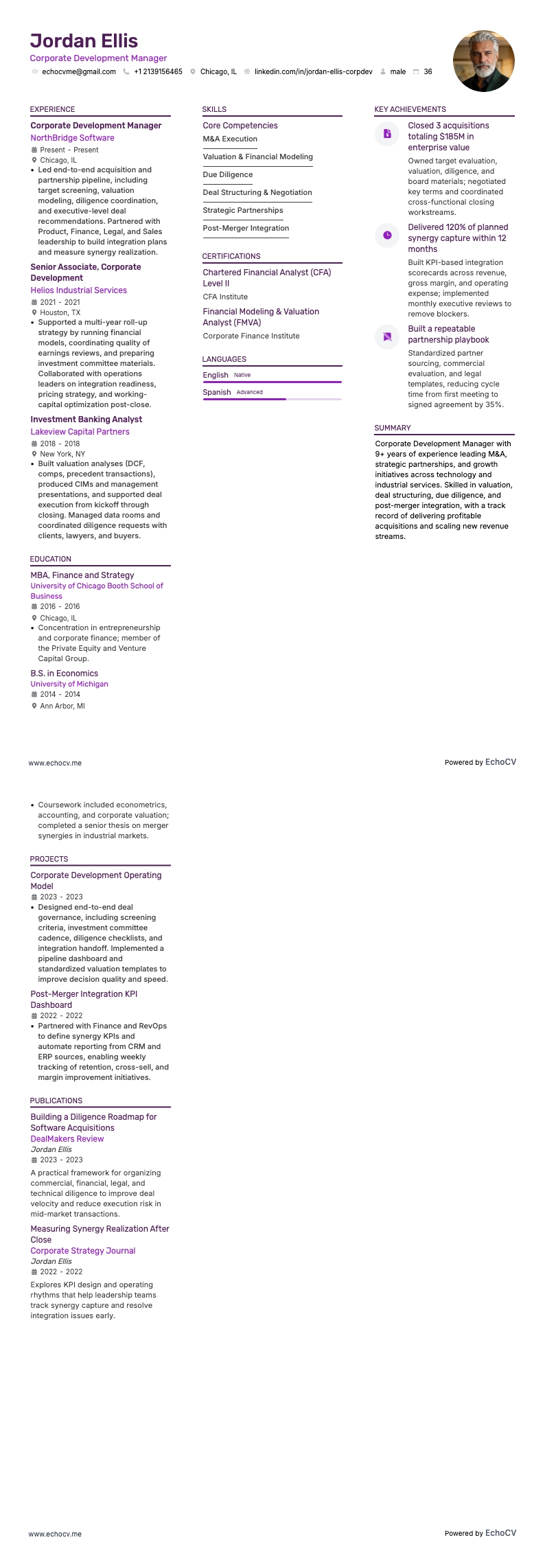 Corporate Development Manager example resume