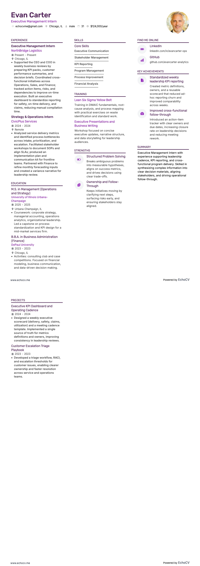 Executive Management Intern example resume