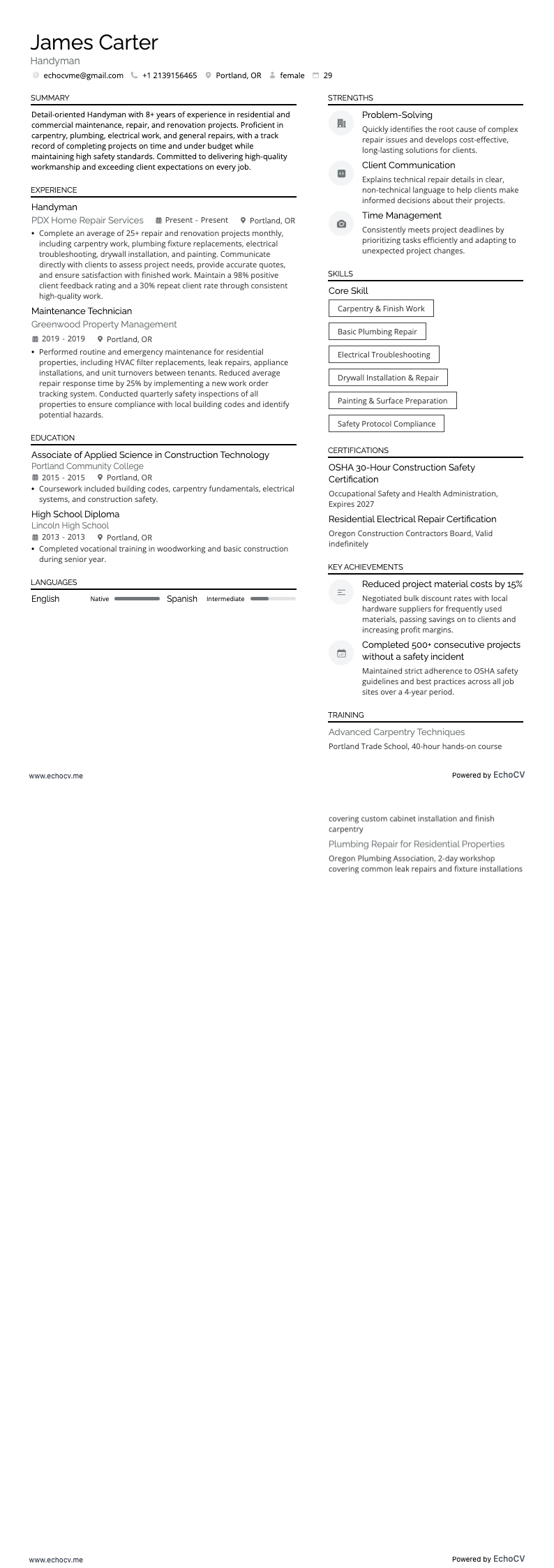 Handyman example resume