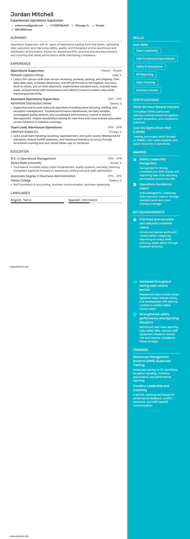 Experienced Operations Supervisor example resume