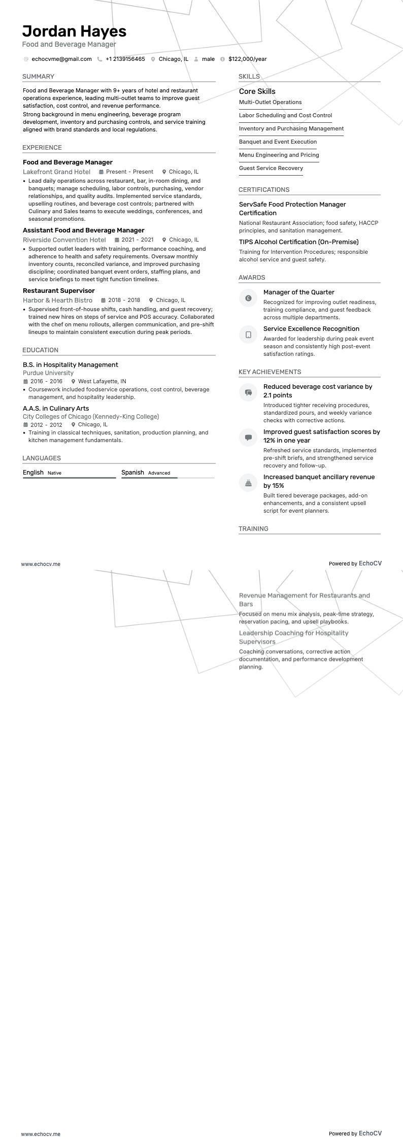 Food and beverage-chef resume example