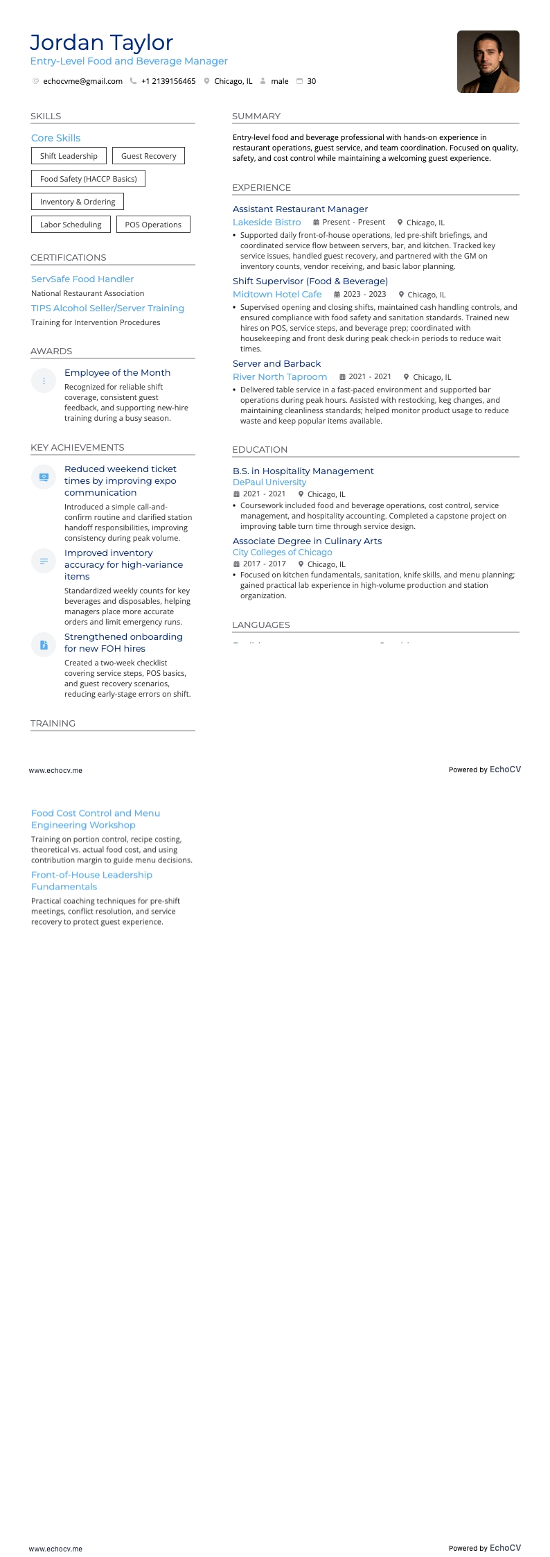 餐飲經理 resume example