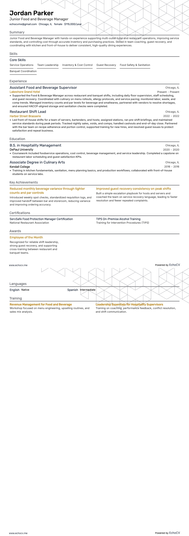 料飲マネージャー resume example