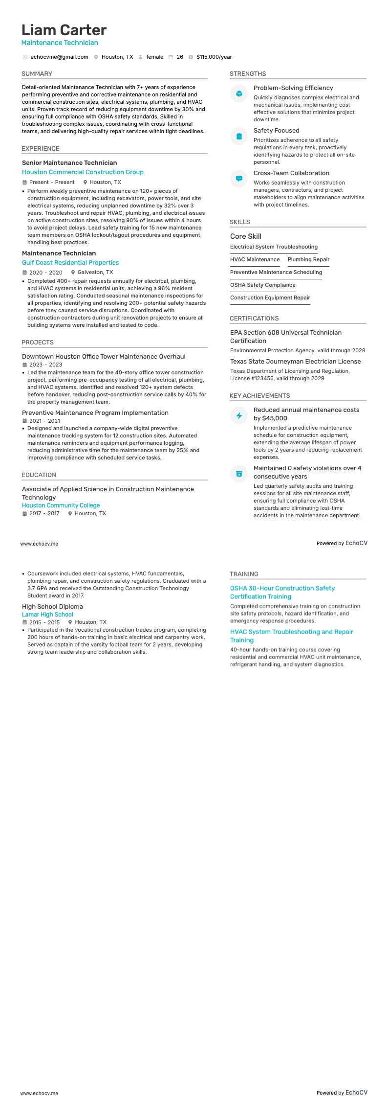 Maintenance Technician example resume