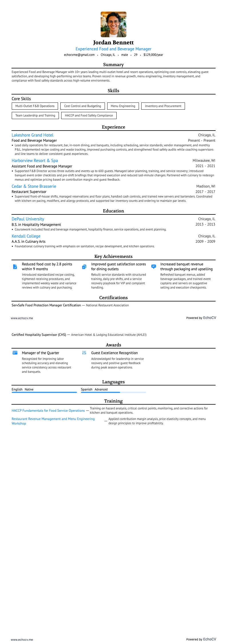 Ervaren food- en beveragemanager example resume