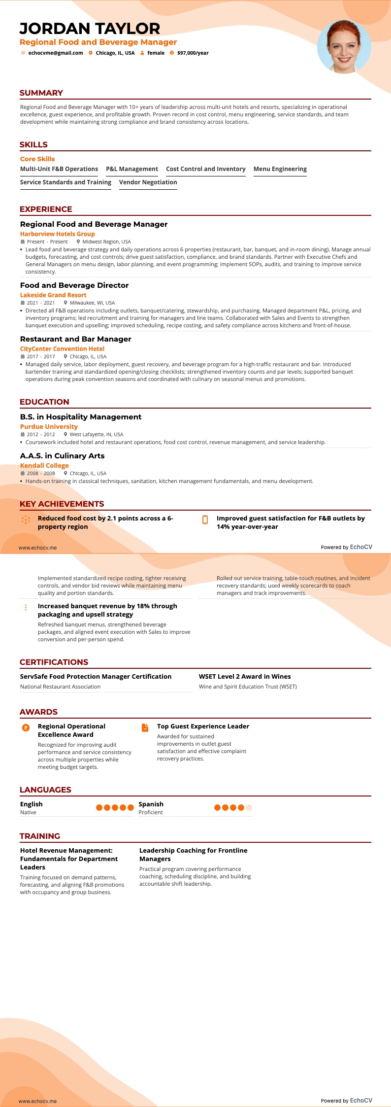 Food and Beverage Manager resume example